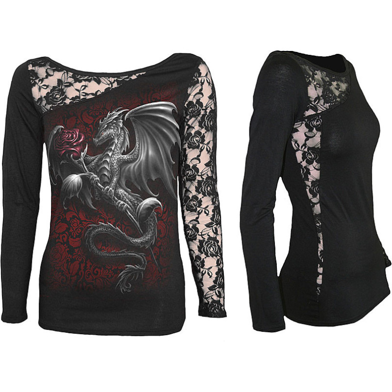 Dragon rose - Tshirt femme dragon - Manches longues
