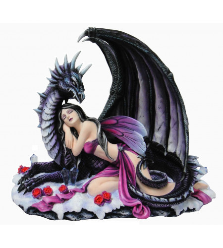 Fée endormie et dragon noir - Figurine féerique - 36x30cm