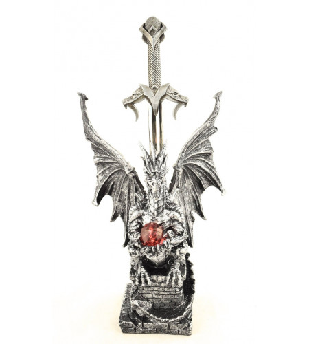 Figurine dragon noir épée ouvre lettre