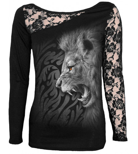 vetement femme motif lion t-shirt manches longues