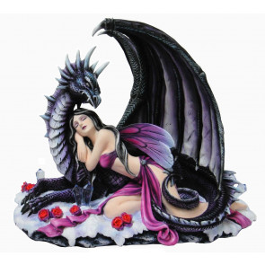 Fée endormie et dragon noir - Figurine féerique - 36x30cm