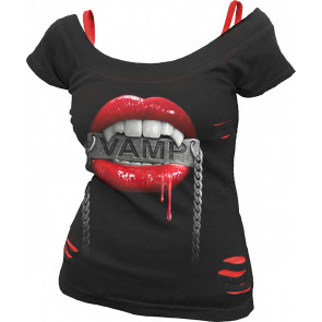 Boutique tee shirt femme motif bouche de vampire lèvres rouges