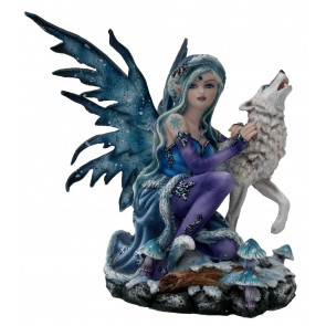 Figurine fée hiver et loup blanc (13x16cm)